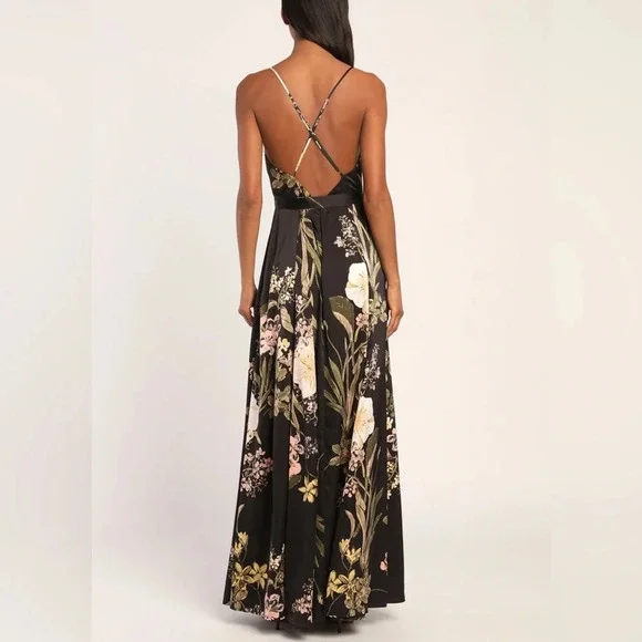 Lulus Still The One Black Floral Print Satin Maxi Dress Small - Picture 3 of 10
